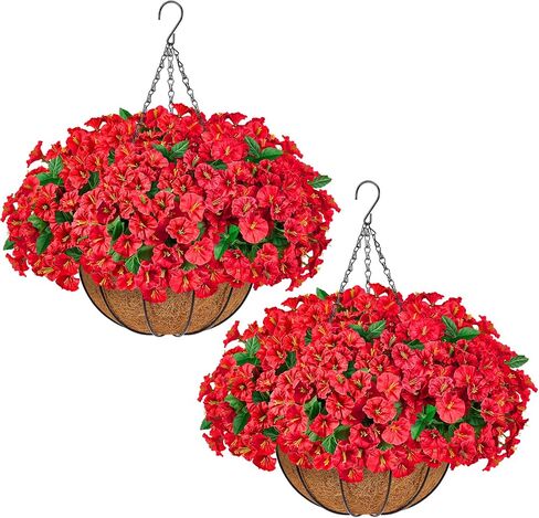 TTQ Set of 2 Artificial Hanging Flower Baskets for Outdoor Decor, 16 Bundles Faux Silk Morning Glory Flowers with 2 Hanging Baskets for Porch Patio Balcony Garden Spring Summer Decoration in Saudi Arabia