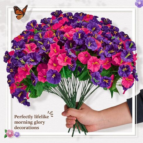 TTQ Set of 2 Artificial Hanging Flower Baskets for Outdoor Decor, 16 Bundles Faux Silk Morning Glory Flowers with 2 Hanging Baskets for Porch Patio Balcony Garden Spring Summer Decoration in Saudi Arabia