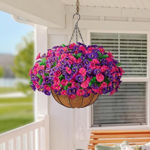 TTQ Set of 2 Artificial Hanging Flower Baskets for Outdoor Decor, 16 Bundles Faux Silk Morning Glory Flowers with 2 Hanging Baskets for Porch Patio Balcony Garden Spring Summer Decoration in Saudi Arabia