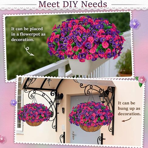 TTQ Set of 2 Artificial Hanging Flower Baskets for Outdoor Decor, 16 Bundles Faux Silk Morning Glory Flowers with 2 Hanging Baskets for Porch Patio Balcony Garden Spring Summer Decoration in Saudi Arabia