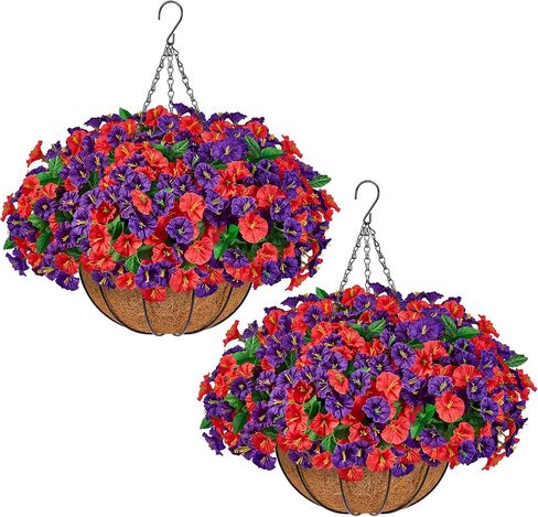 TTQ Set of 2 Artificial Hanging Flower Baskets for Outdoor Decor, 16 Bundles Faux Silk Morning Glory Flowers with 2 Hanging Baskets for Porch Patio Balcony Garden Spring Summer Decoration in Saudi Arabia