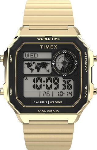 ساعة Timex للرجال World Time Digital 40mm - سوار ذهبي اللون ومينا رقمية وحافظة ذهبية اللون in Kuwait