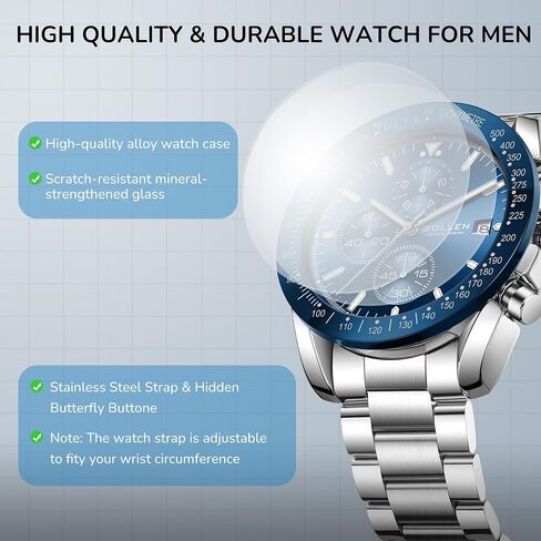 Mens Chronograph Watches, Analog Quartz Watch for Men, Big Face Stainless Steel Watch with Calendar, 30M Waterproof Business Work Casual Dress Designer Mens Wrist Watches, Elegant Gifts for Men in Kuwait