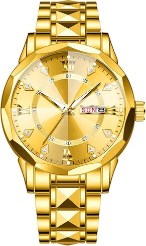 Watch for Men Rhinestone Business Dress Analog Quartz Stainless Steel Waterproof Luminous Date Two Tone Luxury Casual Wrist Watch Gold in Saudi Arabia