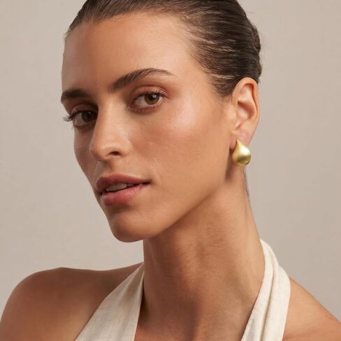 Chunky Gold and Silver Stud Earrings for Women, 14K Gold Plated Matte Brushed Statement Geometric Earrings, Minimalist Water Drop Square Round Oval Rectangle Design Jewelry in Kuwait