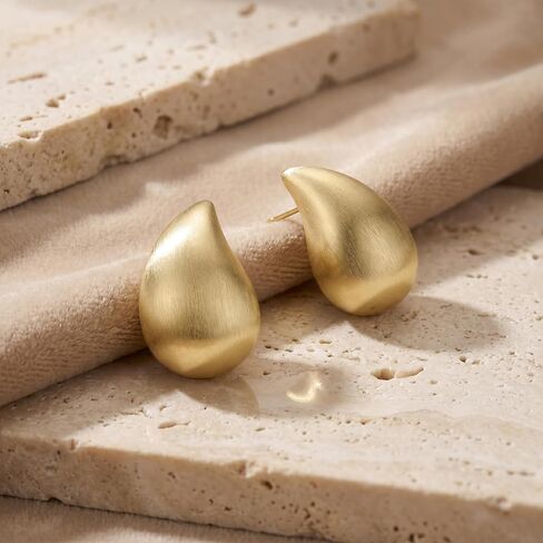 Chunky Gold and Silver Stud Earrings for Women, 14K Gold Plated Matte Brushed Statement Geometric Earrings, Minimalist Water Drop Square Round Oval Rectangle Design Jewelry in Kuwait