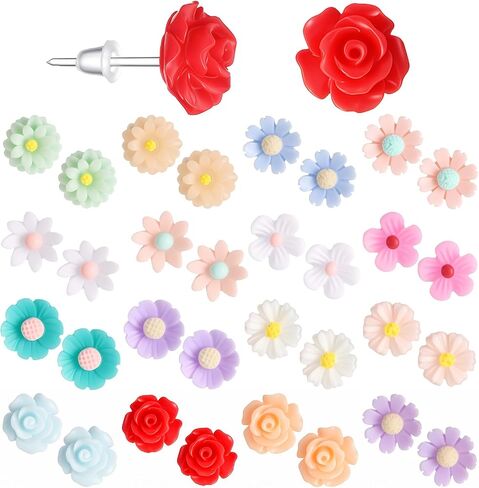 16 Pairs Plastic Flower Stud Earrings, Colorful Resin Rose Earrings for Women, Flower Stud Earring for Women with Plastic Earring Posts, Everyday Wear, Travel, Versatile Accessory. in Saudi Arabia