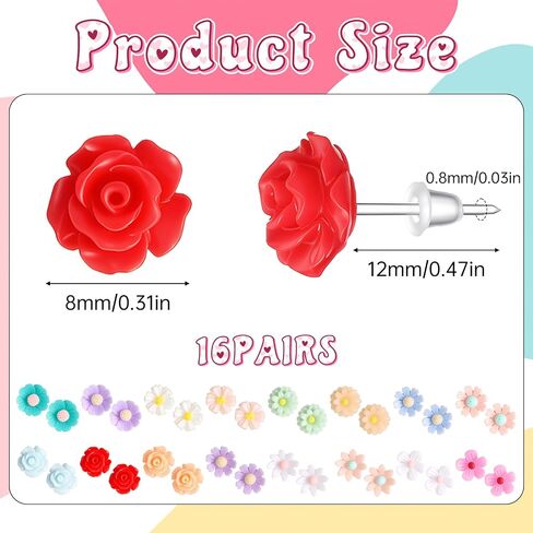 16 Pairs Plastic Flower Stud Earrings, Colorful Resin Rose Earrings for Women, Flower Stud Earring for Women with Plastic Earring Posts, Everyday Wear, Travel, Versatile Accessory. in Saudi Arabia