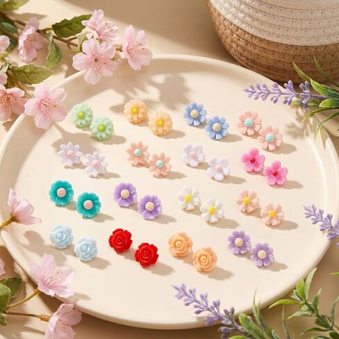 16 Pairs Plastic Flower Stud Earrings, Colorful Resin Rose Earrings for Women, Flower Stud Earring for Women with Plastic Earring Posts, Everyday Wear, Travel, Versatile Accessory. in Saudi Arabia