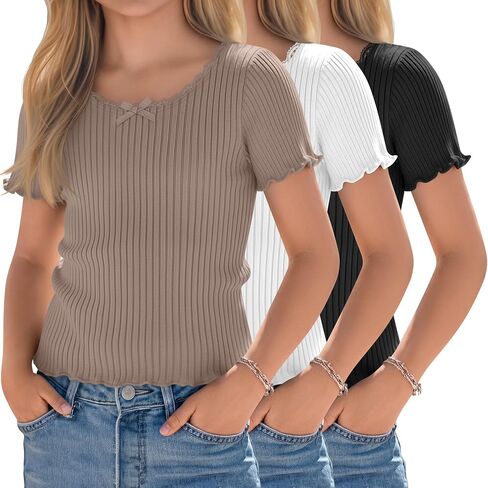 Halfchet 3 Pack Girls' Short Sleeve T Shirts Crew Neck Ribbed Short Tops Kids Lettuce Trim Cute Basic Crop Tees 5-14 Years in Kuwait