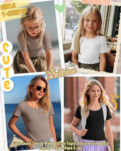 Halfchet 3 Pack Girls' Short Sleeve T Shirts Crew Neck Ribbed Short Tops Kids Lettuce Trim Cute Basic Crop Tees 5-14 Years in Kuwait