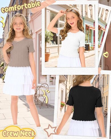 Halfchet 3 Pack Girls' Short Sleeve T Shirts Crew Neck Ribbed Short Tops Kids Lettuce Trim Cute Basic Crop Tees 5-14 Years in Kuwait