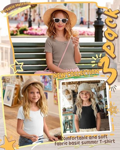 Halfchet 3 Pack Girls' Short Sleeve T Shirts Crew Neck Ribbed Short Tops Kids Lettuce Trim Cute Basic Crop Tees 5-14 Years in Kuwait