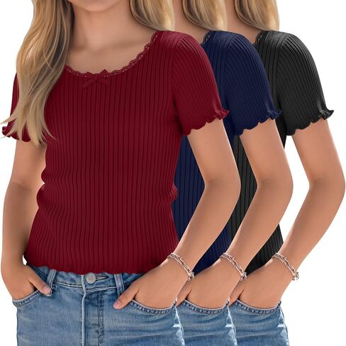Halfchet 3 Pack Girls' Short Sleeve T Shirts Crew Neck Ribbed Short Tops Kids Lettuce Trim Cute Basic Crop Tees 5-14 Years in Kuwait