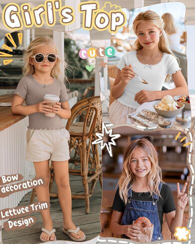 Halfchet 3 Pack Girls' Short Sleeve T Shirts Crew Neck Ribbed Short Tops Kids Lettuce Trim Cute Basic Crop Tees 5-14 Years in Kuwait