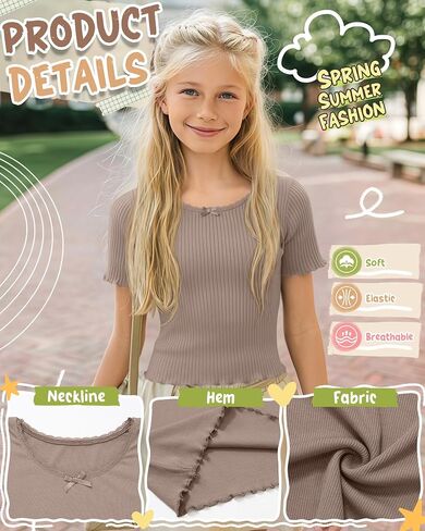Halfchet 3 Pack Girls' Short Sleeve T Shirts Crew Neck Ribbed Short Tops Kids Lettuce Trim Cute Basic Crop Tees 5-14 Years in Kuwait