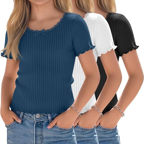 Halfchet 3 Pack Girls' Short Sleeve T Shirts Crew Neck Ribbed Short Tops Kids Lettuce Trim Cute Basic Crop Tees 5-14 Years in Kuwait