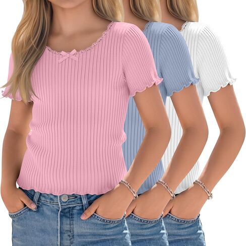Halfchet 3 Pack Girls' Short Sleeve T Shirts Crew Neck Ribbed Short Tops Kids Lettuce Trim Cute Basic Crop Tees 5-14 Years in Kuwait