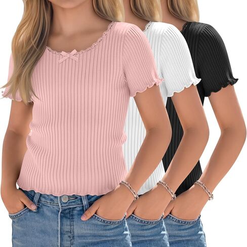 Halfchet 3 Pack Girls' Short Sleeve T Shirts Crew Neck Ribbed Short Tops Kids Lettuce Trim Cute Basic Crop Tees 5-14 Years in Kuwait