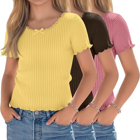 Halfchet 3 Pack Girls' Short Sleeve T Shirts Crew Neck Ribbed Short Tops Kids Lettuce Trim Cute Basic Crop Tees 5-14 Years in Kuwait