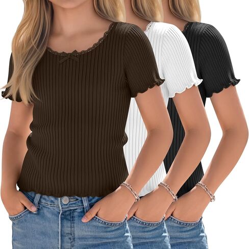 Halfchet 3 Pack Girls' Short Sleeve T Shirts Crew Neck Ribbed Short Tops Kids Lettuce Trim Cute Basic Crop Tees 5-14 Years in Kuwait