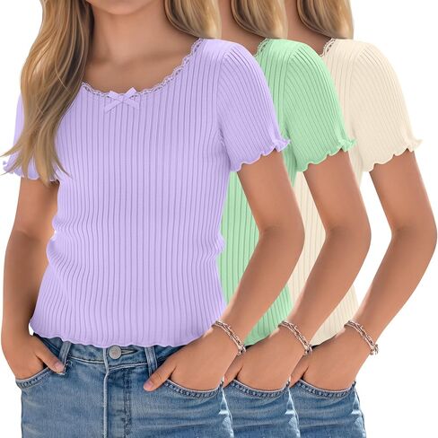 Halfchet 3 Pack Girls' Short Sleeve T Shirts Crew Neck Ribbed Short Tops Kids Lettuce Trim Cute Basic Crop Tees 5-14 Years in Kuwait