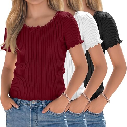 Halfchet 3 Pack Girls' Short Sleeve T Shirts Crew Neck Ribbed Short Tops Kids Lettuce Trim Cute Basic Crop Tees 5-14 Years in Kuwait