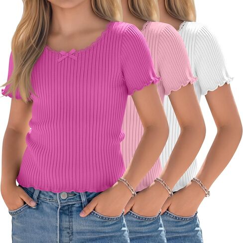 Halfchet 3 Pack Girls' Short Sleeve T Shirts Crew Neck Ribbed Short Tops Kids Lettuce Trim Cute Basic Crop Tees 5-14 Years in Kuwait