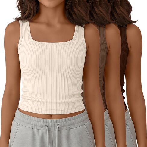 Yooo's Vivi 3 Pack Girls' Ribbed Crop Tanks Athletic Square Neck Sleeveless Shirts Fitted Knit Basic Tank Tops for Kids 5-14Y in Saudi Arabia