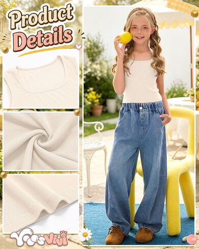Yooo's Vivi 3 Pack Girls' Ribbed Crop Tanks Athletic Square Neck Sleeveless Shirts Fitted Knit Basic Tank Tops for Kids 5-14Y in Saudi Arabia