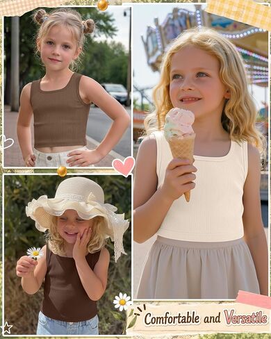 Yooo's Vivi 3 Pack Girls' Ribbed Crop Tanks Athletic Square Neck Sleeveless Shirts Fitted Knit Basic Tank Tops for Kids 5-14Y in Saudi Arabia