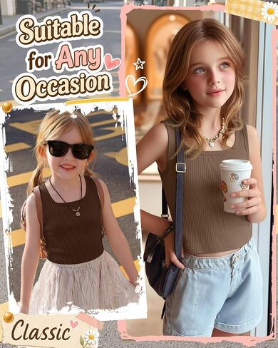 Yooo's Vivi 3 Pack Girls' Ribbed Crop Tanks Athletic Square Neck Sleeveless Shirts Fitted Knit Basic Tank Tops for Kids 5-14Y in Saudi Arabia