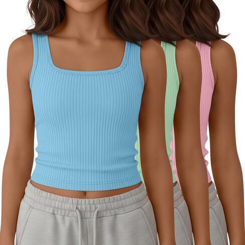 Yooo's Vivi 3 Pack Girls' Ribbed Crop Tanks Athletic Square Neck Sleeveless Shirts Fitted Knit Basic Tank Tops for Kids 5-14Y in Saudi Arabia