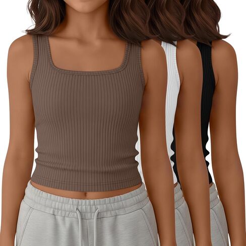 Yooo's Vivi 3 Pack Girls' Ribbed Crop Tanks Athletic Square Neck Sleeveless Shirts Fitted Knit Basic Tank Tops for Kids 5-14Y in Saudi Arabia
