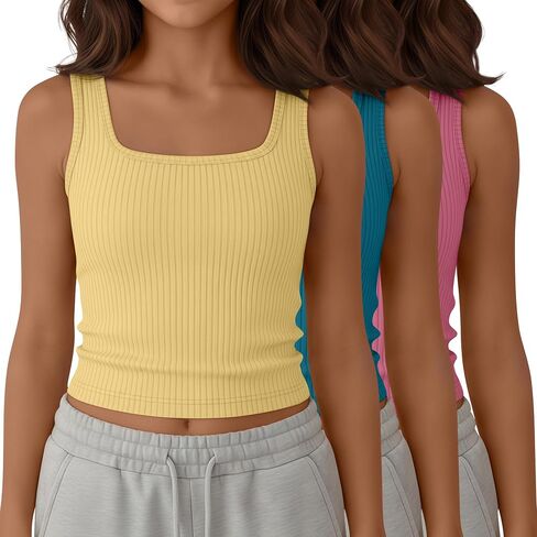 Yooo's Vivi 3 Pack Girls' Ribbed Crop Tanks Athletic Square Neck Sleeveless Shirts Fitted Knit Basic Tank Tops for Kids 5-14Y in Saudi Arabia