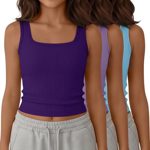 Yooo's Vivi 3 Pack Girls' Ribbed Crop Tanks Athletic Square Neck Sleeveless Shirts Fitted Knit Basic Tank Tops for Kids 5-14Y in Saudi Arabia