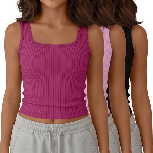 Yooo's Vivi 3 Pack Girls' Ribbed Crop Tanks Athletic Square Neck Sleeveless Shirts Fitted Knit Basic Tank Tops for Kids 5-14Y in Saudi Arabia