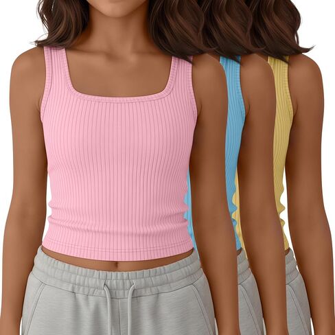Yooo's Vivi 3 Pack Girls' Ribbed Crop Tanks Athletic Square Neck Sleeveless Shirts Fitted Knit Basic Tank Tops for Kids 5-14Y in Saudi Arabia