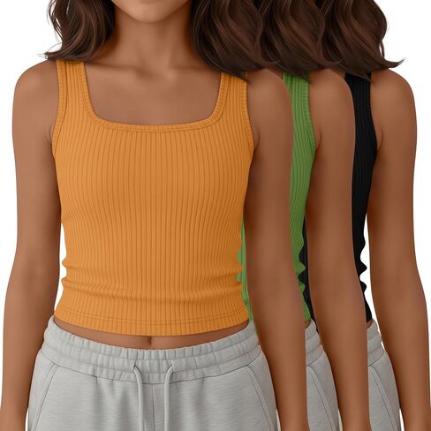 Yooo's Vivi 3 Pack Girls' Ribbed Crop Tanks Athletic Square Neck Sleeveless Shirts Fitted Knit Basic Tank Tops for Kids 5-14Y in Saudi Arabia