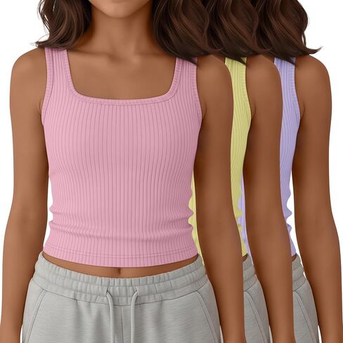 Yooo's Vivi 3 Pack Girls' Ribbed Crop Tanks Athletic Square Neck Sleeveless Shirts Fitted Knit Basic Tank Tops for Kids 5-14Y in Saudi Arabia
