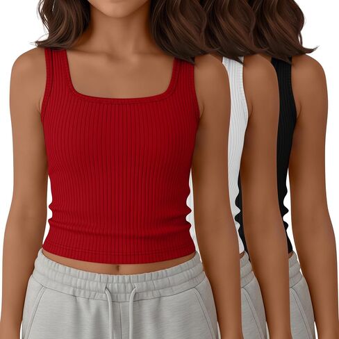 Yooo's Vivi 3 Pack Girls' Ribbed Crop Tanks Athletic Square Neck Sleeveless Shirts Fitted Knit Basic Tank Tops for Kids 5-14Y in Saudi Arabia