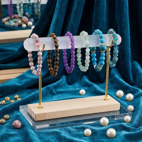 Selenite Bracelet Display Stand - Crystal Healing Jewelry Organizer & Holder for Bracelets, Watches, Necklaces - Detachable Wood Base & Metal Bracket for Cleansing in Saudi Arabia