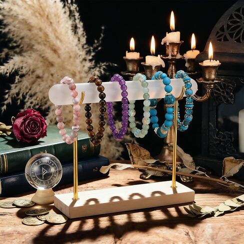 Selenite Bracelet Display Stand - Crystal Healing Jewelry Organizer & Holder for Bracelets, Watches, Necklaces - Detachable Wood Base & Metal Bracket for Cleansing in Saudi Arabia