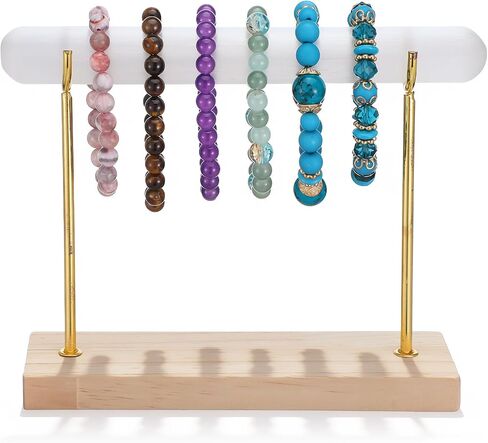 Selenite Bracelet Display Stand - Crystal Healing Jewelry Organizer & Holder for Bracelets, Watches, Necklaces - Detachable Wood Base & Metal Bracket for Cleansing in Saudi Arabia