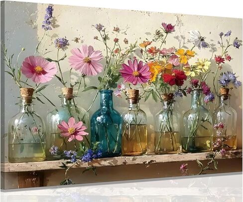 1Pcs Framed Retro Farmhouse Flowers Canvas wall art Colorful wildflowers Posters Prints Colored glass bottles Artwork Pictures Printing Wall Decor for Living Room Bedroom Bathroom Home Decoration in Saudi Arabia
