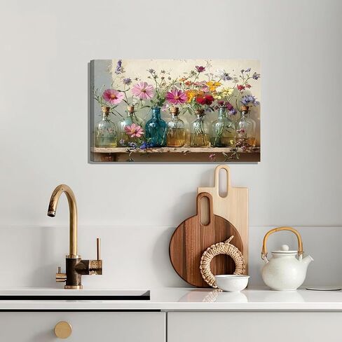 1Pcs Framed Retro Farmhouse Flowers Canvas wall art Colorful wildflowers Posters Prints Colored glass bottles Artwork Pictures Printing Wall Decor for Living Room Bedroom Bathroom Home Decoration in Saudi Arabia