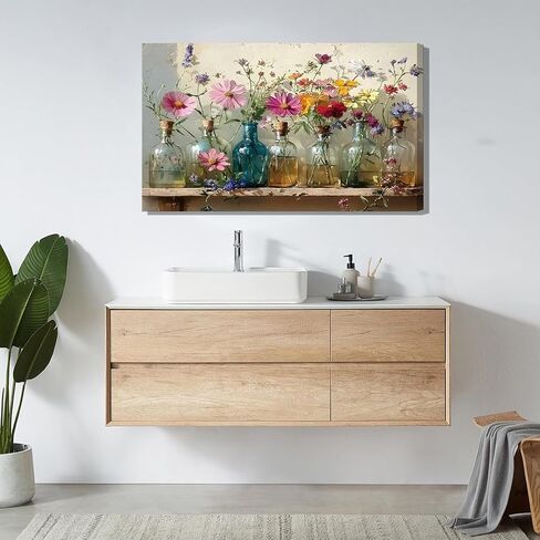 1Pcs Framed Retro Farmhouse Flowers Canvas wall art Colorful wildflowers Posters Prints Colored glass bottles Artwork Pictures Printing Wall Decor for Living Room Bedroom Bathroom Home Decoration in Saudi Arabia