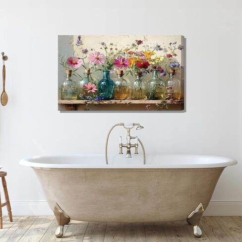 1Pcs Framed Retro Farmhouse Flowers Canvas wall art Colorful wildflowers Posters Prints Colored glass bottles Artwork Pictures Printing Wall Decor for Living Room Bedroom Bathroom Home Decoration in Saudi Arabia