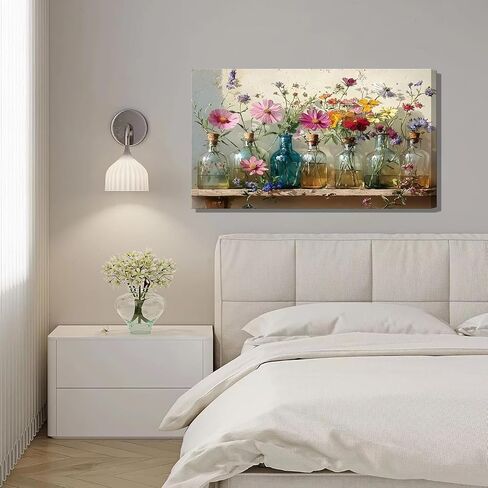 1Pcs Framed Retro Farmhouse Flowers Canvas wall art Colorful wildflowers Posters Prints Colored glass bottles Artwork Pictures Printing Wall Decor for Living Room Bedroom Bathroom Home Decoration in Saudi Arabia