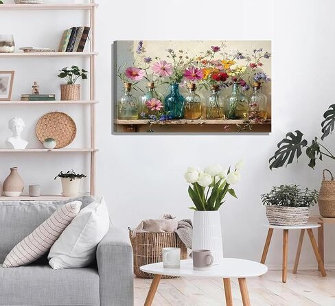 1Pcs Framed Retro Farmhouse Flowers Canvas wall art Colorful wildflowers Posters Prints Colored glass bottles Artwork Pictures Printing Wall Decor for Living Room Bedroom Bathroom Home Decoration in Saudi Arabia